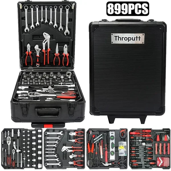 899-Piece Tool Set - High-Capacity Portable Metal Tool Case,Wheeled Mobile Tool Cabinet, and 4-Tier Aluminum Alloy Storage Unit- A Complete Kit for Mechanical Repair & Home Maintenance