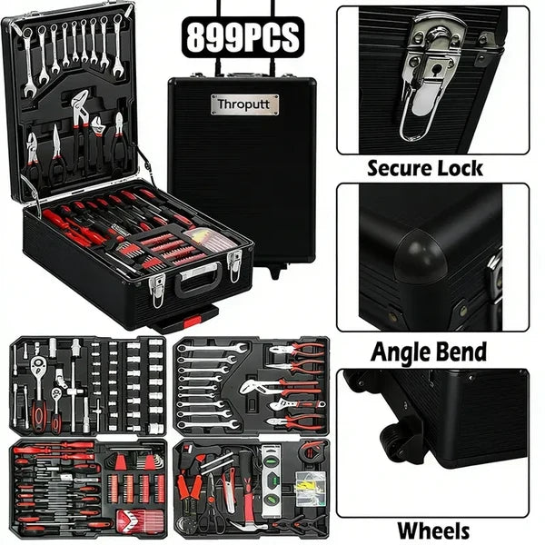 899-Piece Tool Set - High-Capacity Portable Metal Tool Case,Wheeled Mobile Tool Cabinet, and 4-Tier Aluminum Alloy Storage Unit- A Complete Kit for Mechanical Repair & Home Maintenance
