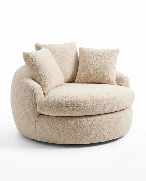 Oversized Teddy Fleece Swivel Barrel Chair, Fluffy Round Accent Lounge Chair with Pillows for Living Room Bedroom