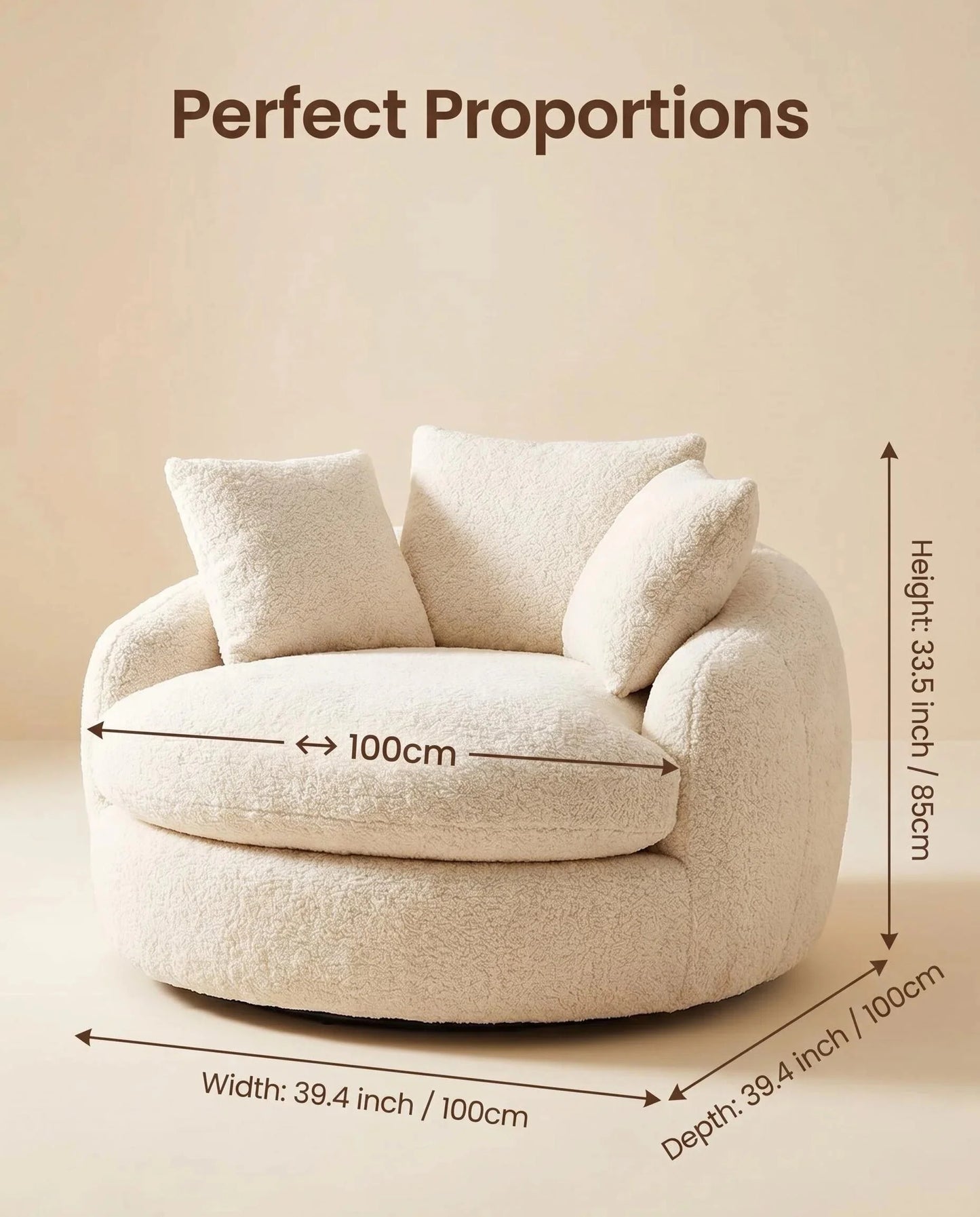Oversized Teddy Fleece Swivel Barrel Chair, Fluffy Round Accent Lounge Chair with Pillows for Living Room Bedroom