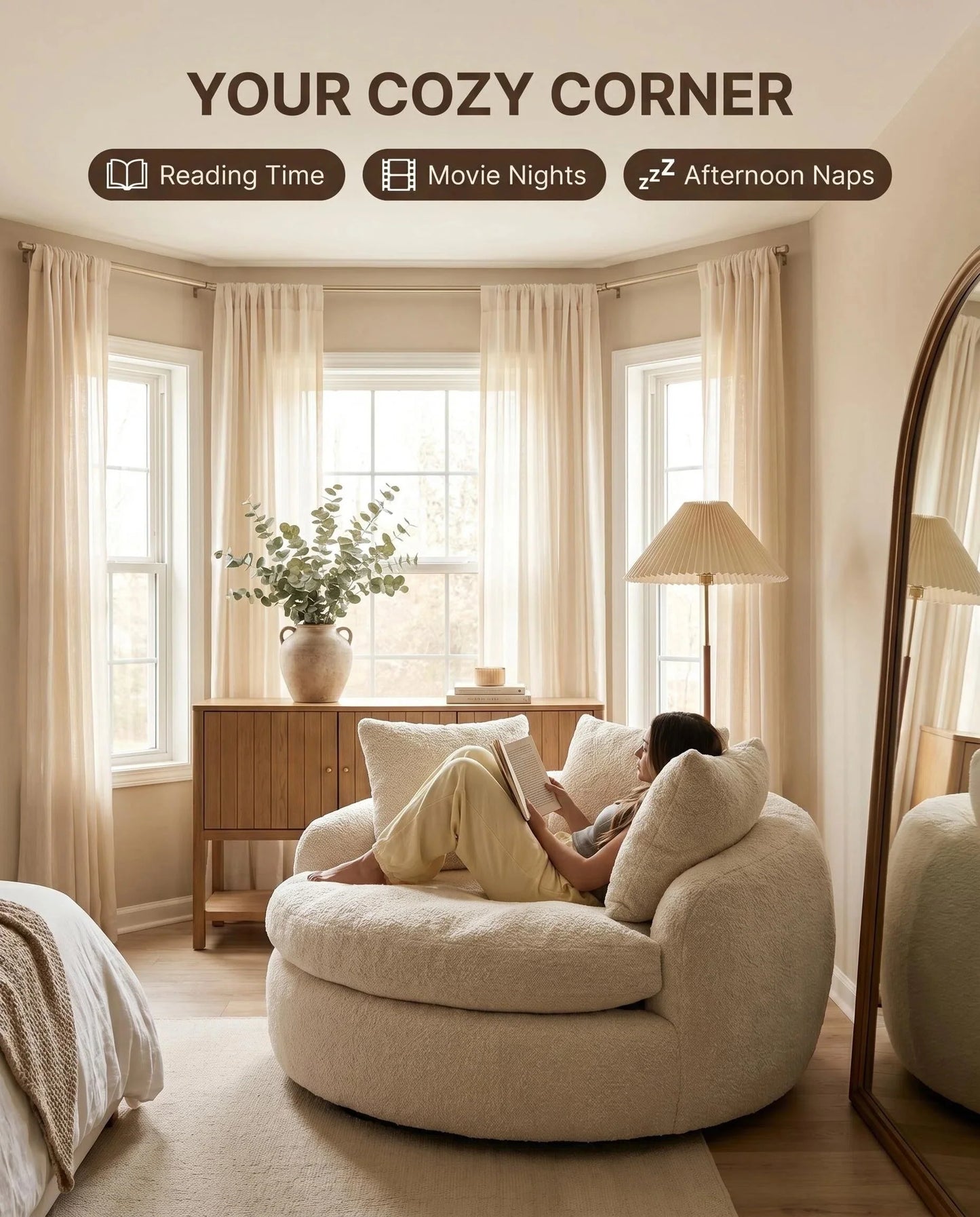 Oversized Teddy Fleece Swivel Barrel Chair, Fluffy Round Accent Lounge Chair with Pillows for Living Room Bedroom