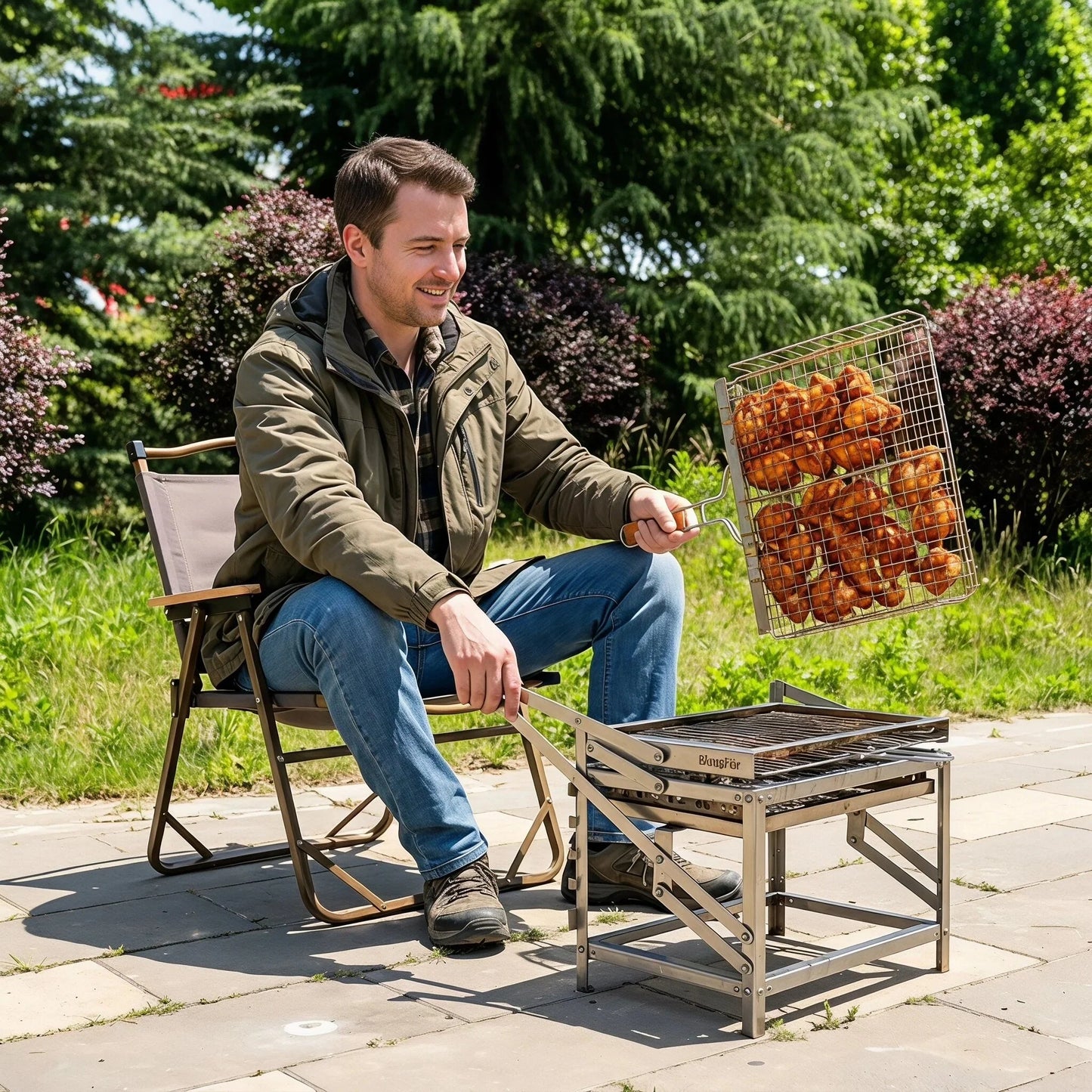 Stainless Steel Folding Portable Charcoal Grill Adjustable Height Outdoor Camping BBQ Grill